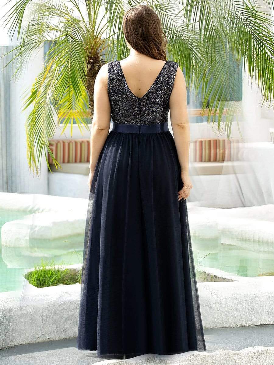 Color=Navy Blue | Elegant Maxi Plus Size Tulle Evening Dresses For Women-Navy Blue 2