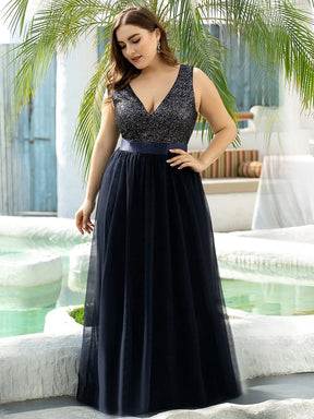 Color=Navy Blue | Double V Neck Sequin And Tulle Evening Dresses For Party-Navy Blue 7