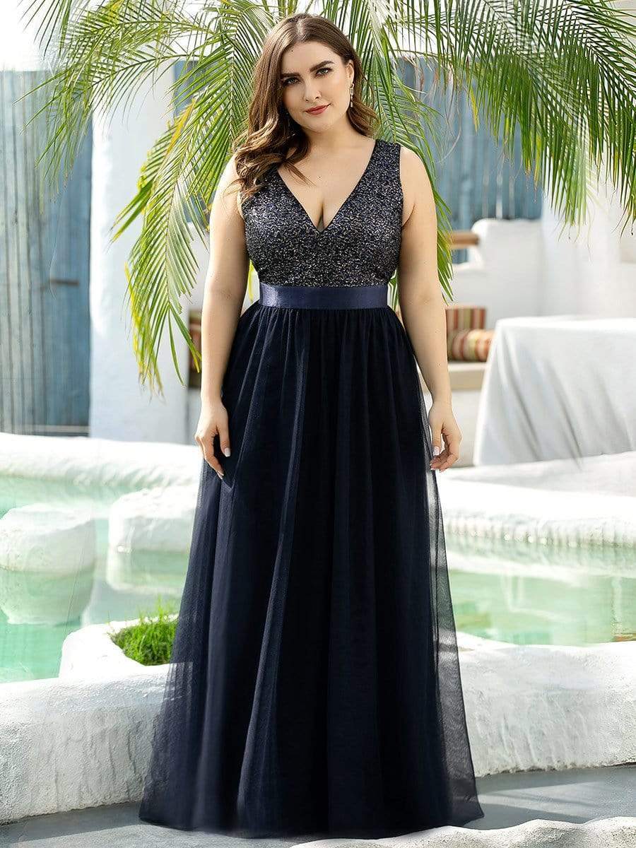 Color=Navy Blue | Elegant Maxi Plus Size Tulle Evening Dresses For Women-Navy Blue 1