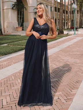 Color=Navy Blue | Double V Neck Sequin And Tulle Evening Dresses For Party-Navy Blue 1