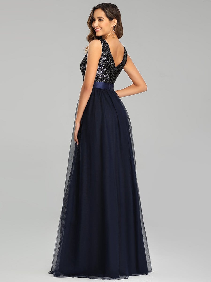 Color=Navy Blue | Double V Neck Sequin And Tulle Evening Dresses For Party-Navy Blue 6