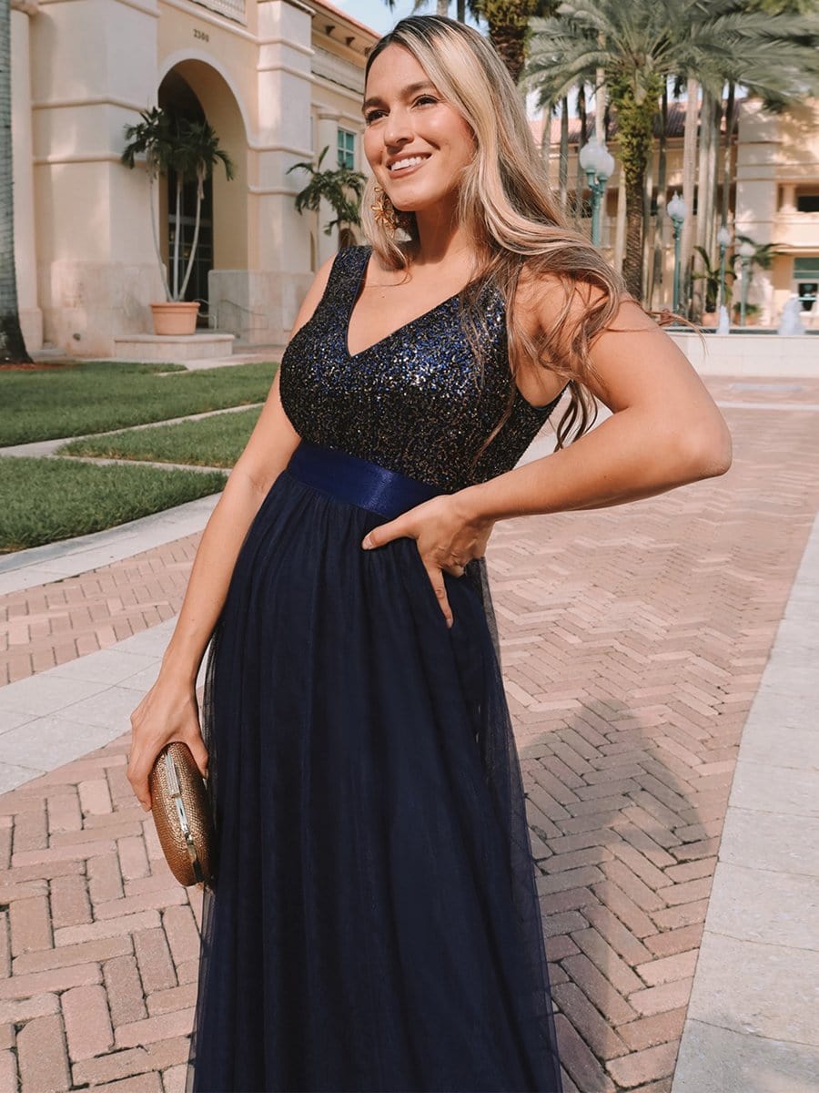 Color=Navy Blue | Double V Neck Sequin And Tulle Evening Dresses For Party-Navy Blue 2