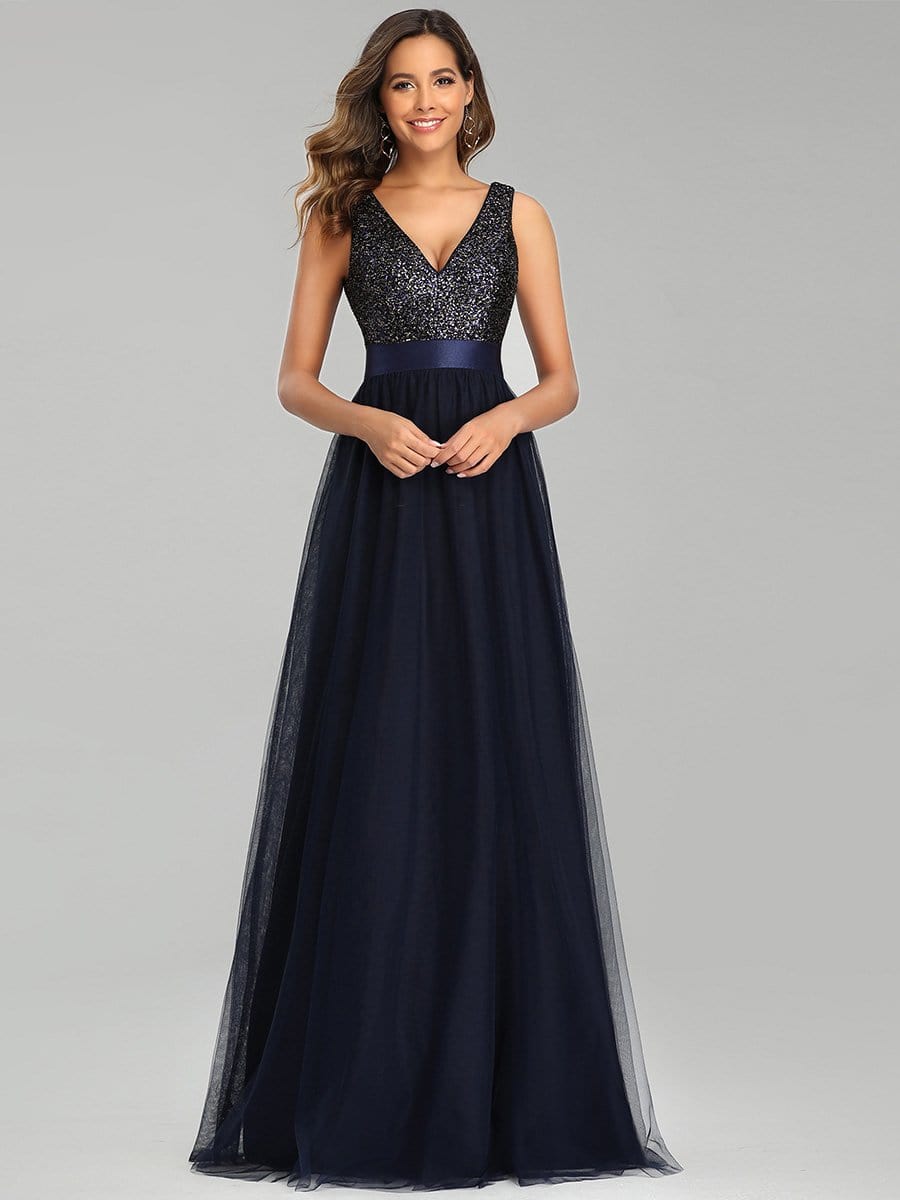 Color=Navy Blue | Double V Neck Sequin And Tulle Evening Dresses For Party-Navy Blue 5