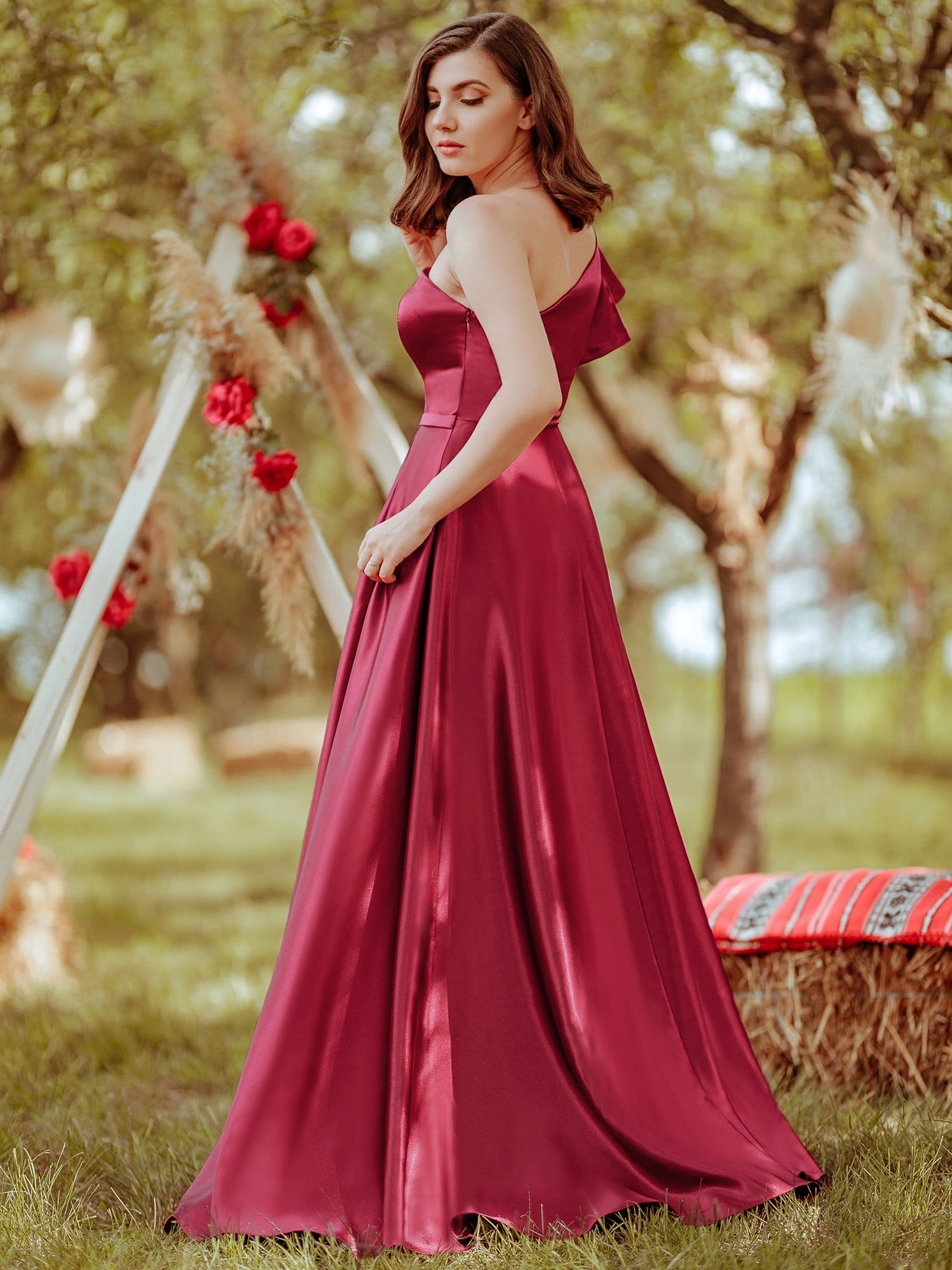 Color=Burgundy | Gorgeous A-Line One-Shoulder Ruffle Sleeves Flattering Prom Dress-Burgundy 5