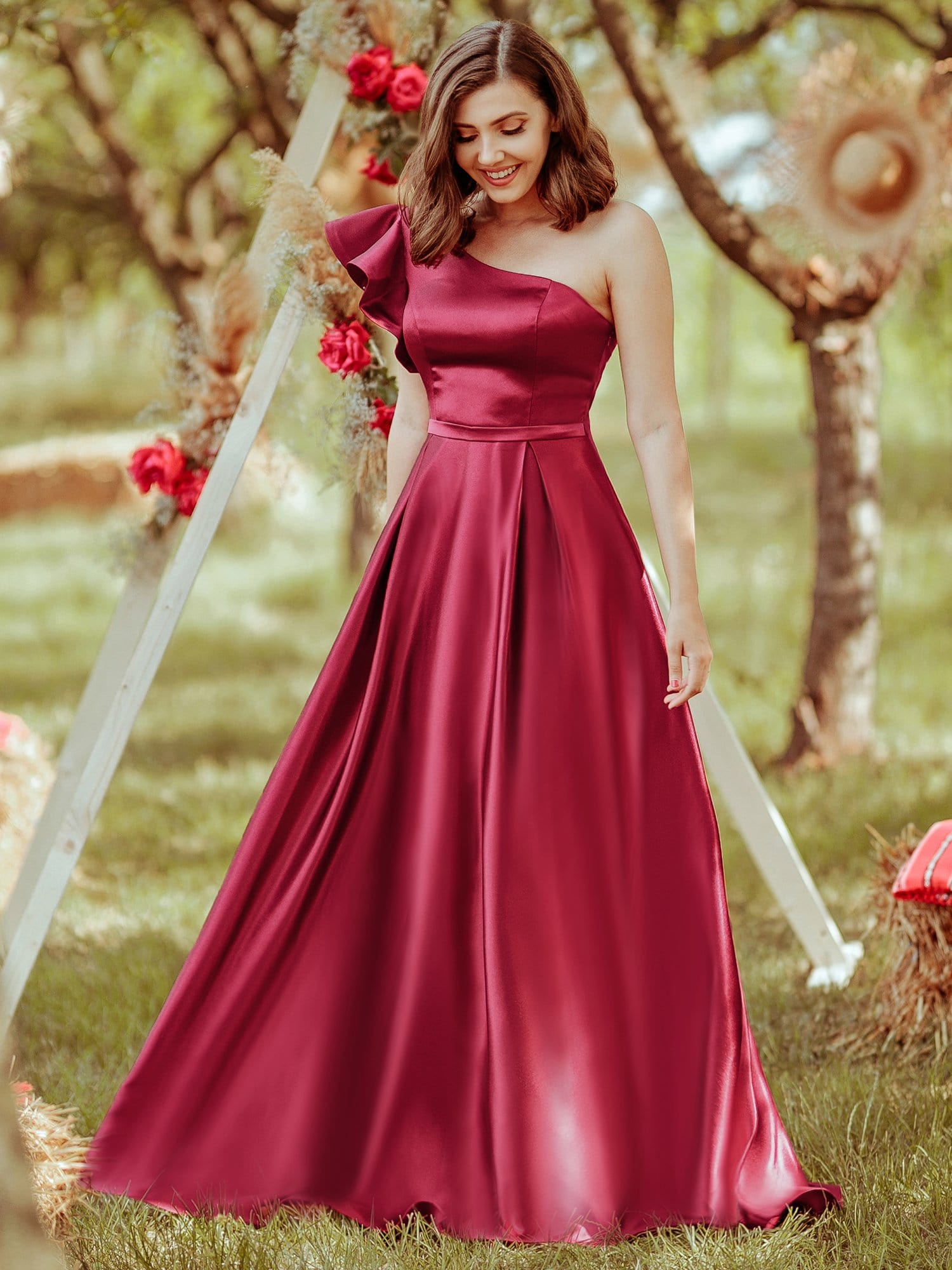 Color=Burgundy | Gorgeous A-Line One-Shoulder Ruffle Sleeves Flattering Prom Dress-Burgundy 7