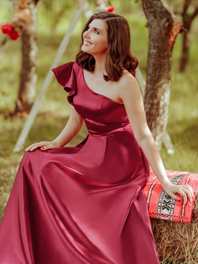 Color=Burgundy | Gorgeous A-Line One-Shoulder Ruffle Sleeves Flattering Prom Dress-Burgundy 8