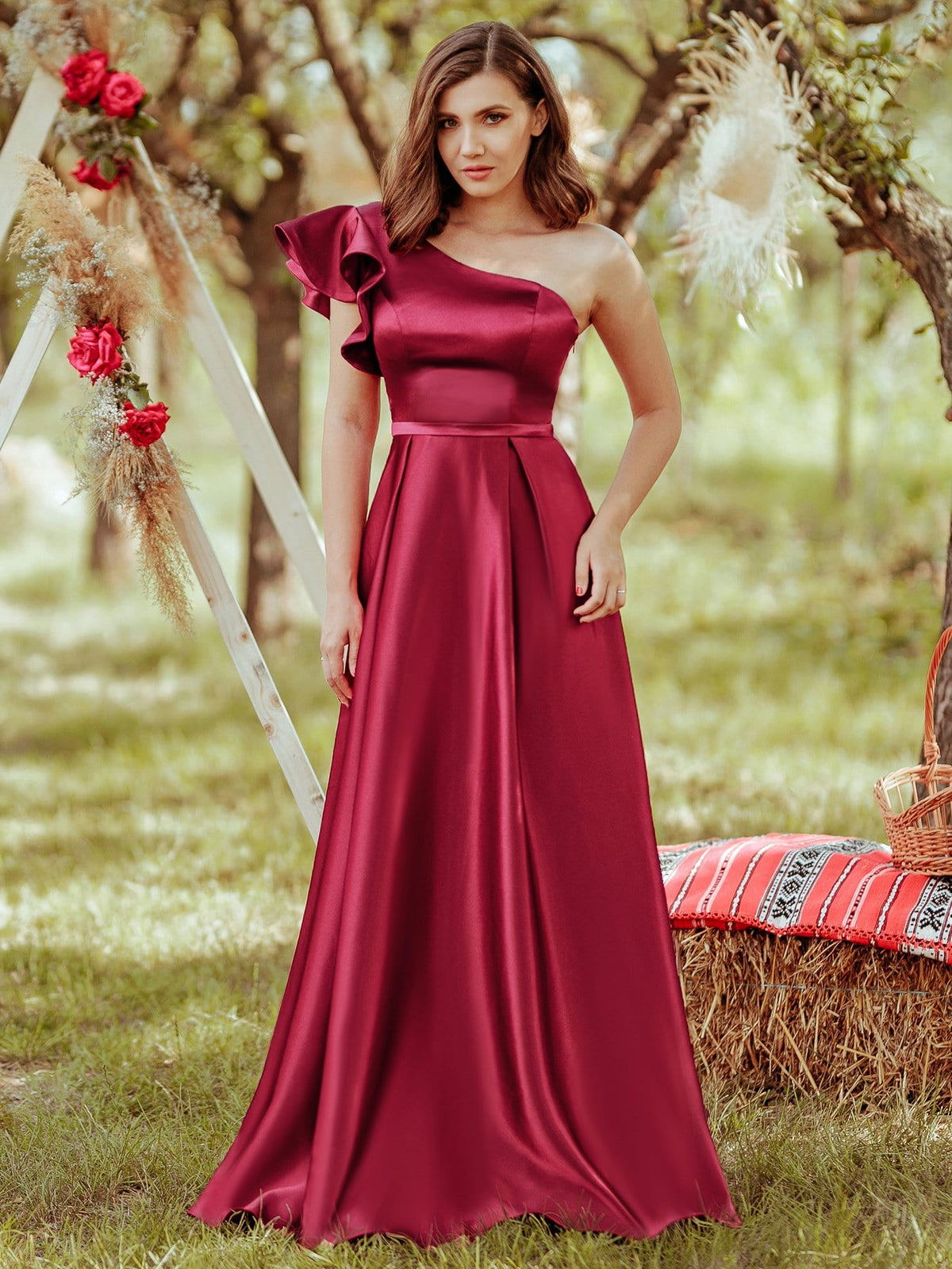 Color=Burgundy | Gorgeous A-Line One-Shoulder Ruffle Sleeves Flattering Prom Dress-Burgundy 2