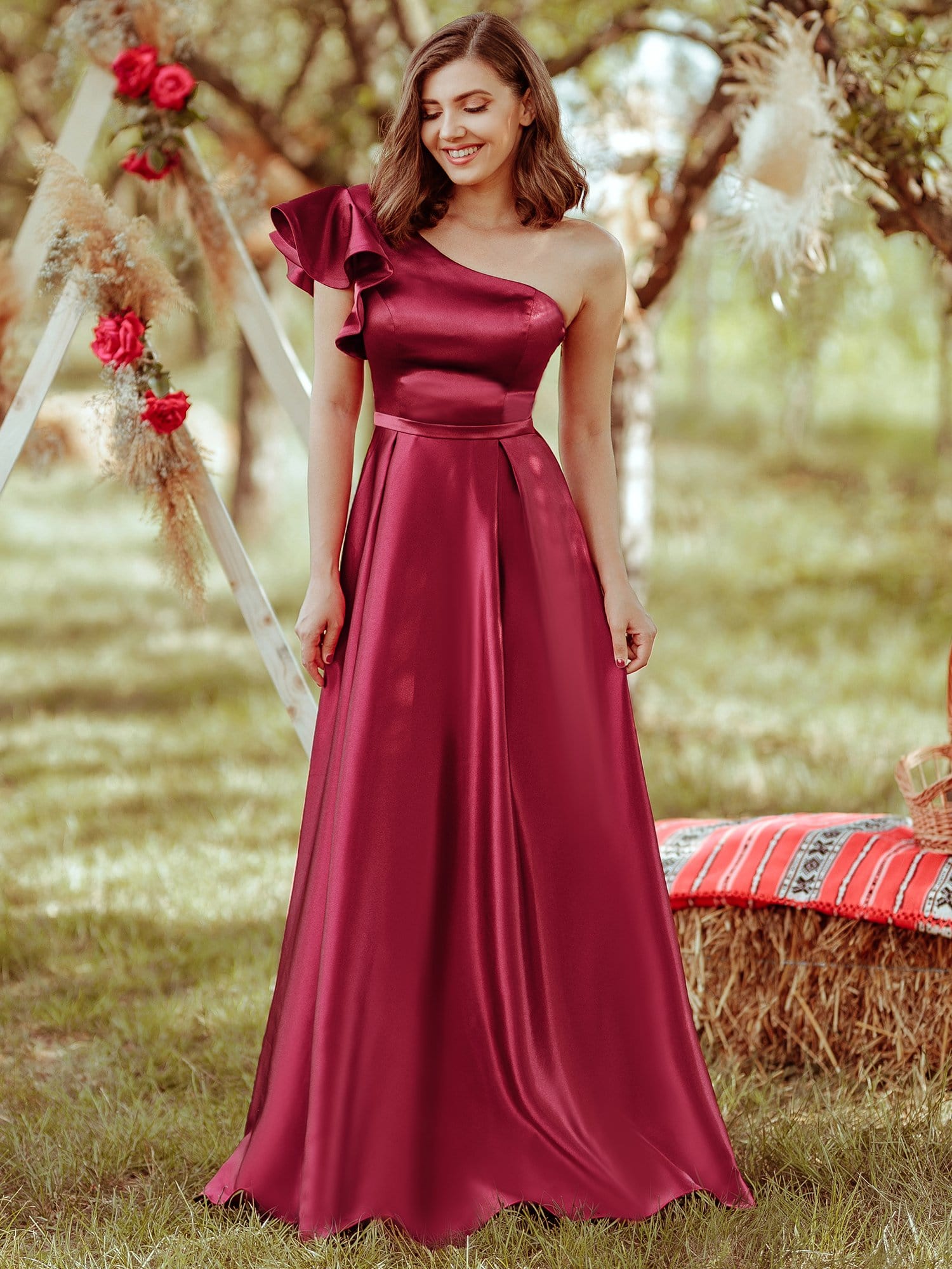 Color=Burgundy | Gorgeous A-Line One-Shoulder Ruffle Sleeves Flattering Prom Dress-Burgundy 3