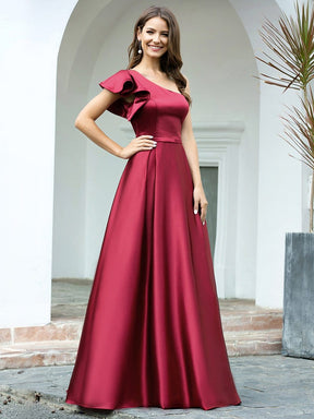 Color=Burgundy | Gorgeous A-Line One-Shoulder Ruffle Sleeves Flattering Prom Dress-Burgundy 12
