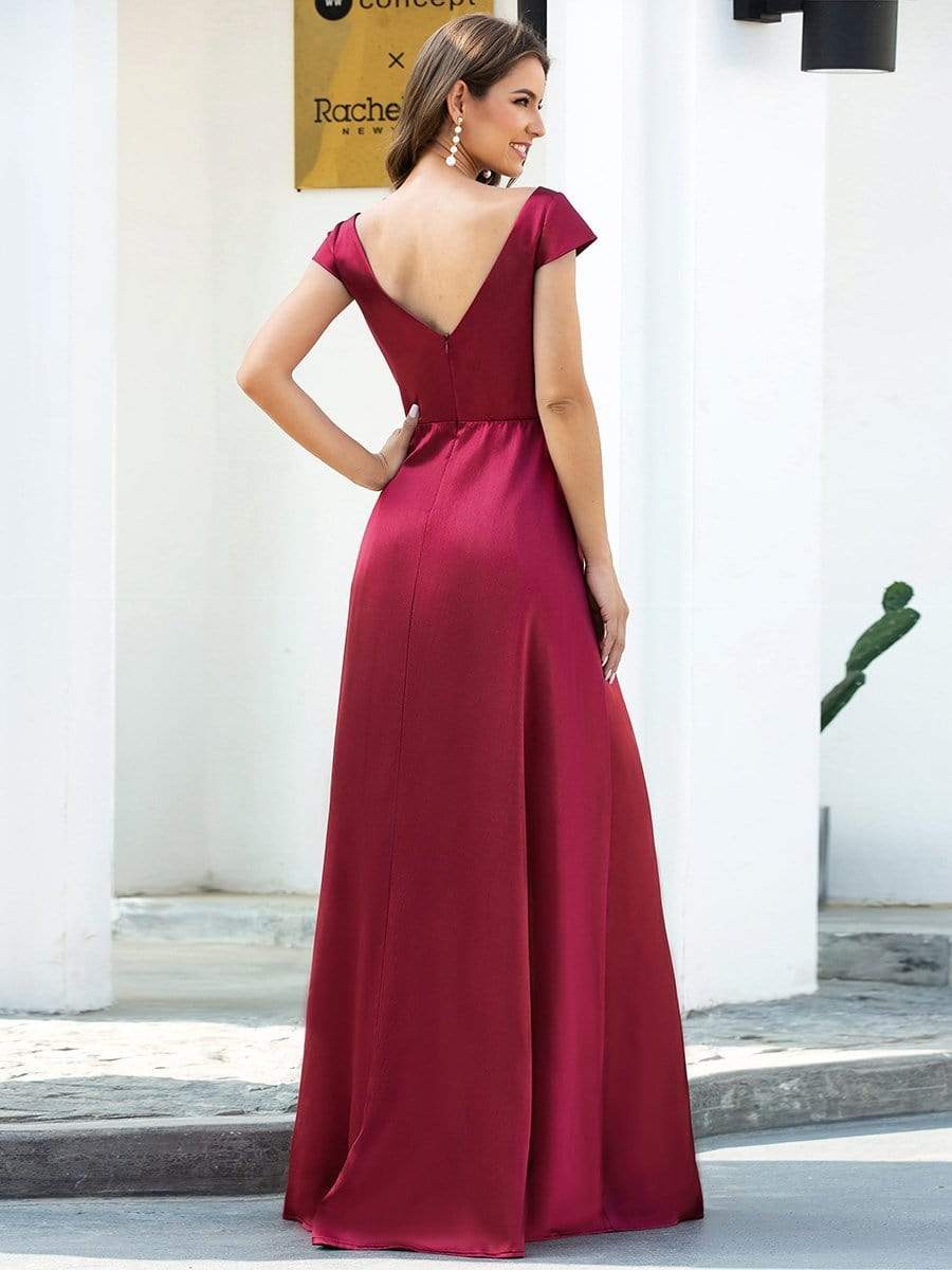 Color=Burgundy | Gorgeous Deep Double V Neck Satin Prom Dress With Cap Sleeves-Burgundy 2