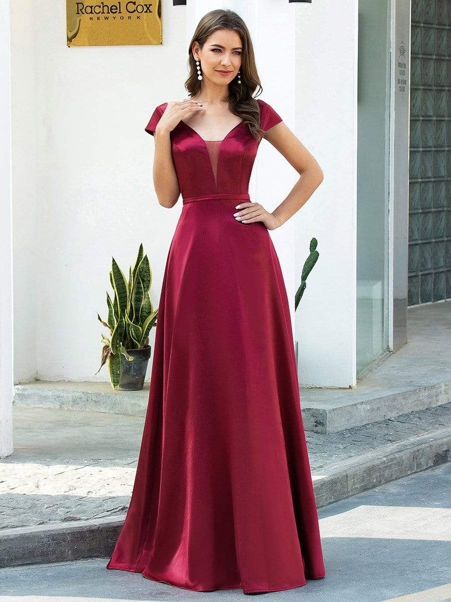 Color=Burgundy | Gorgeous Deep Double V Neck Satin Prom Dress With Cap Sleeves-Burgundy 1