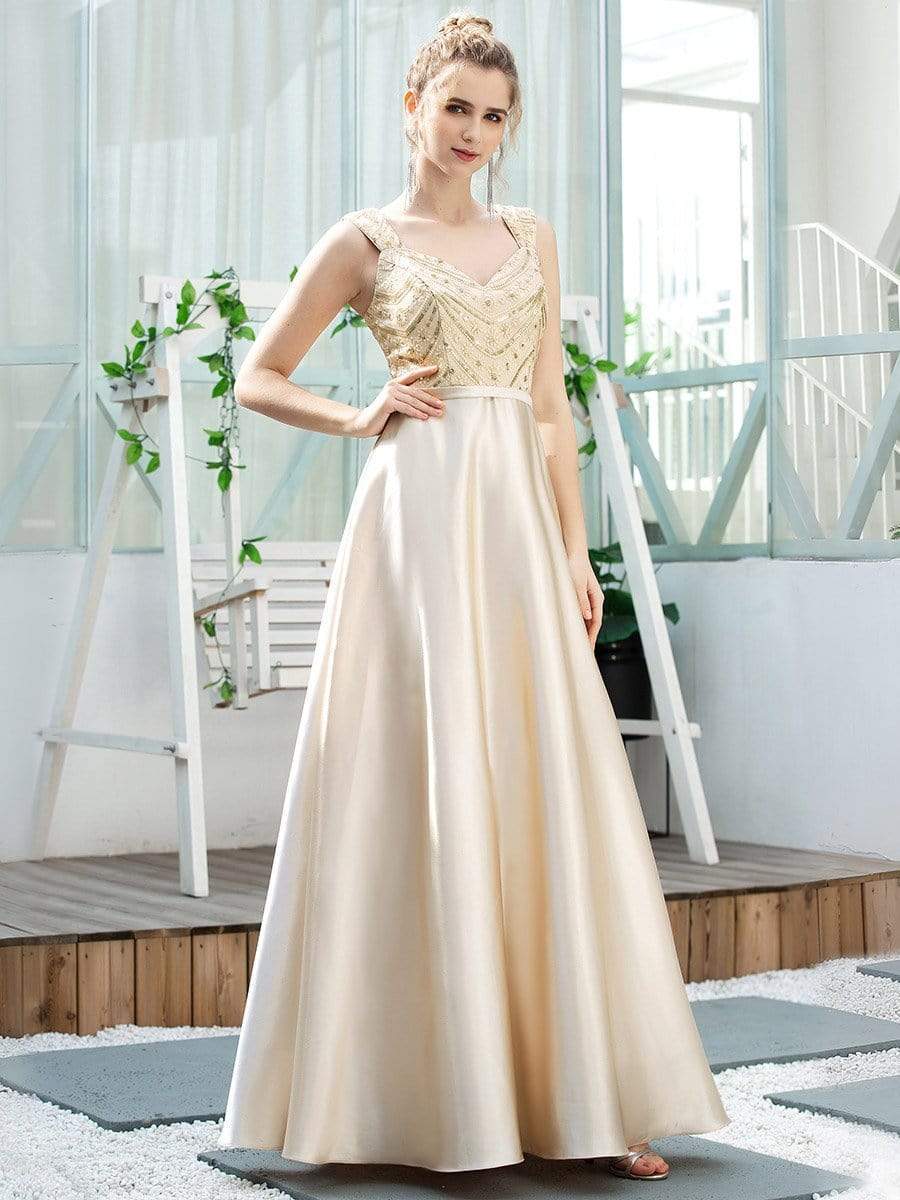 Color=Gold | Women'S A-Line Sequins Beaded Satin Prom Dress-Gold 3