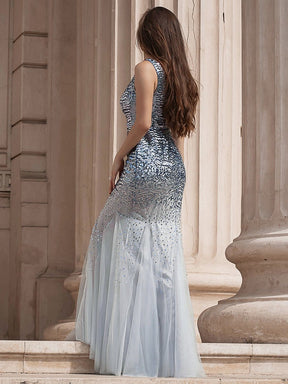 Color=Grey | Elegant Double V Neck Fishtail Long Tulle Evening Dress With Sequin-Grey 3