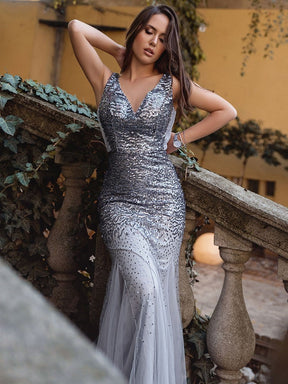 Color=Grey | Elegant Double V Neck Fishtail Long Tulle Evening Dress With Sequin-Grey 8