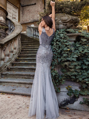 Color=Grey | Elegant Double V Neck Fishtail Long Tulle Evening Dress With Sequin-Grey 9