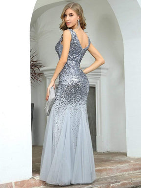 Color=Grey | Elegant Double V Neck Fishtail Long Tulle Evening Dress With Sequin-Grey 6