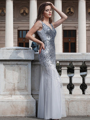 Color=Grey | Elegant Double V Neck Fishtail Long Tulle Evening Dress With Sequin-Grey 2