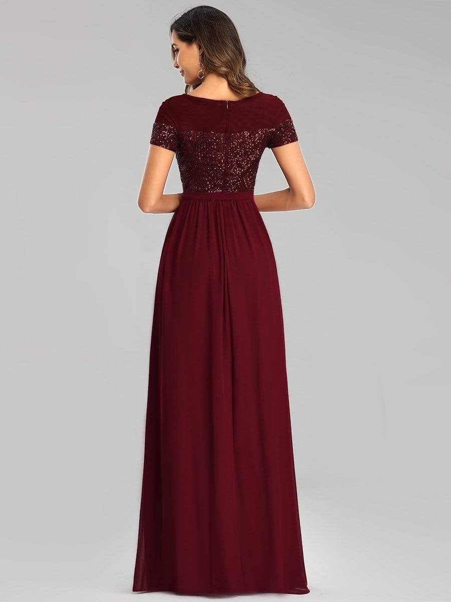 Color=Burgundy | Round Neck Short Sleeve Chiffon & Sequin Evening Dresses With Belt-Burgundy 2