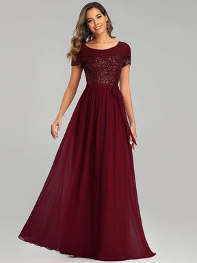 Color=Burgundy | Round Neck Short Sleeve Chiffon & Sequin Evening Dresses With Belt-Burgundy 4