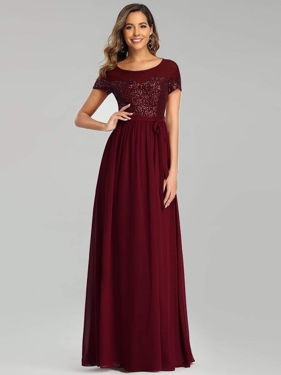 Color=Burgundy | Round Neck Short Sleeve Chiffon & Sequin Evening Dresses With Belt-Burgundy 1