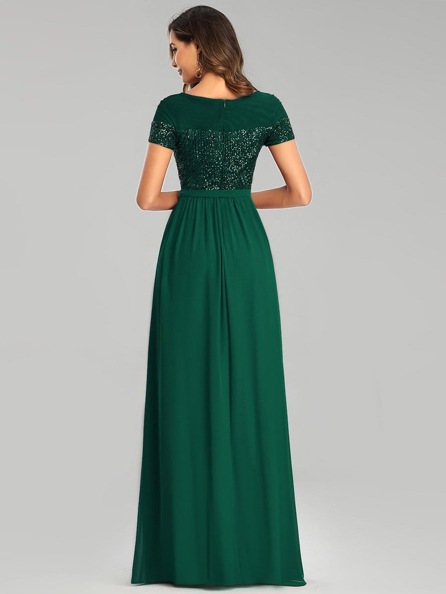Color=Dark Green | Round Neck Short Sleeve Chiffon & Sequin Evening Dresses With Belt-Dark Green 2