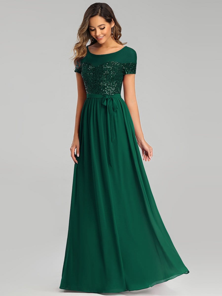 Color=Dark Green | Round Neck Short Sleeve Chiffon & Sequin Evening Dresses With Belt-Dark Green 3