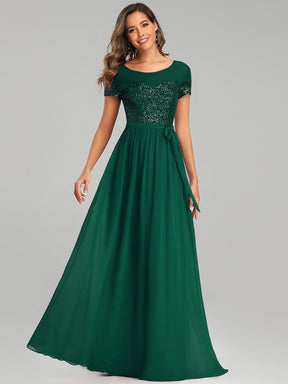 Color=Dark Green | Round Neck Short Sleeve Chiffon & Sequin Evening Dresses With Belt-Dark Green 4