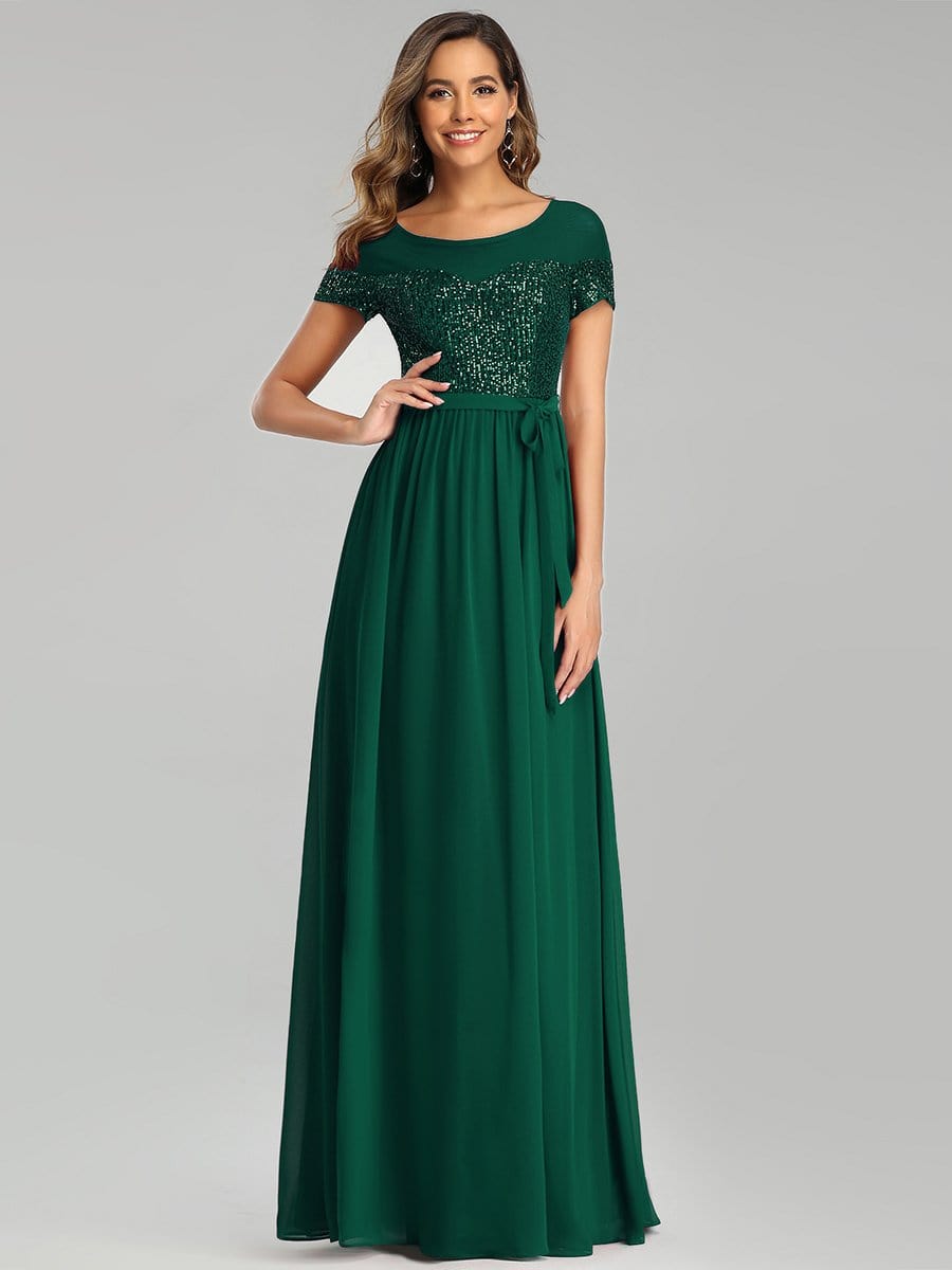 Color=Dark Green | Round Neck Short Sleeve Chiffon & Sequin Evening Dresses With Belt-Dark Green 1