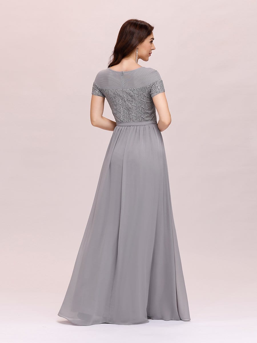 Color=Grey | Round Neck Short Sleeve Chiffon & Sequin Evening Dresses With Belt-Grey 2