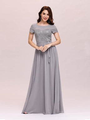 Color=Grey | Round Neck Short Sleeve Chiffon & Sequin Evening Dresses With Belt-Grey 3