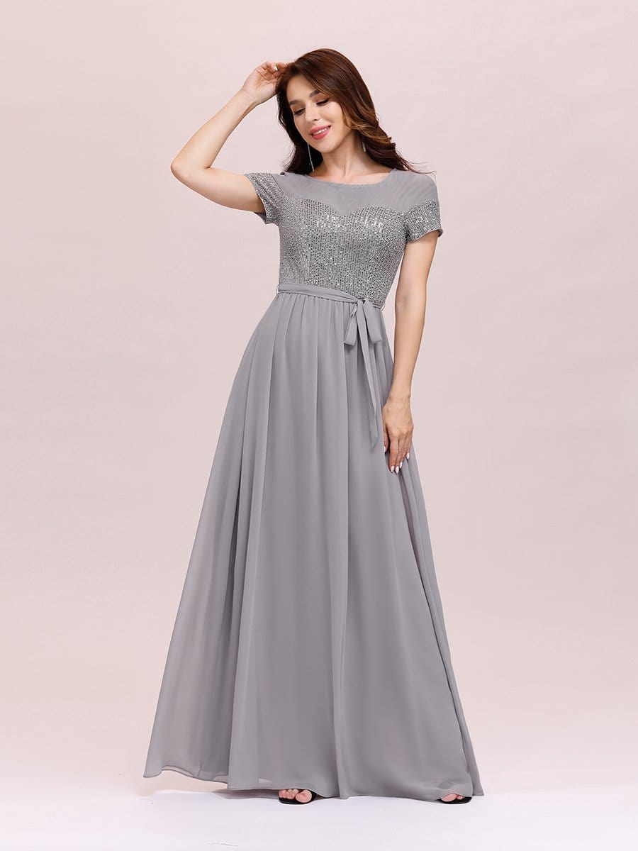 Color=Grey | Round Neck Short Sleeve Chiffon & Sequin Evening Dresses With Belt-Grey 4