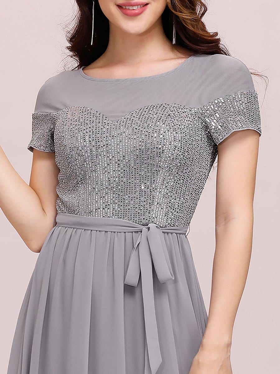 Color=Grey | Round Neck Short Sleeve Chiffon & Sequin Evening Dresses With Belt-Grey 5