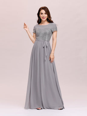 Color=Grey | Round Neck Short Sleeve Chiffon & Sequin Evening Dresses With Belt-Grey 1