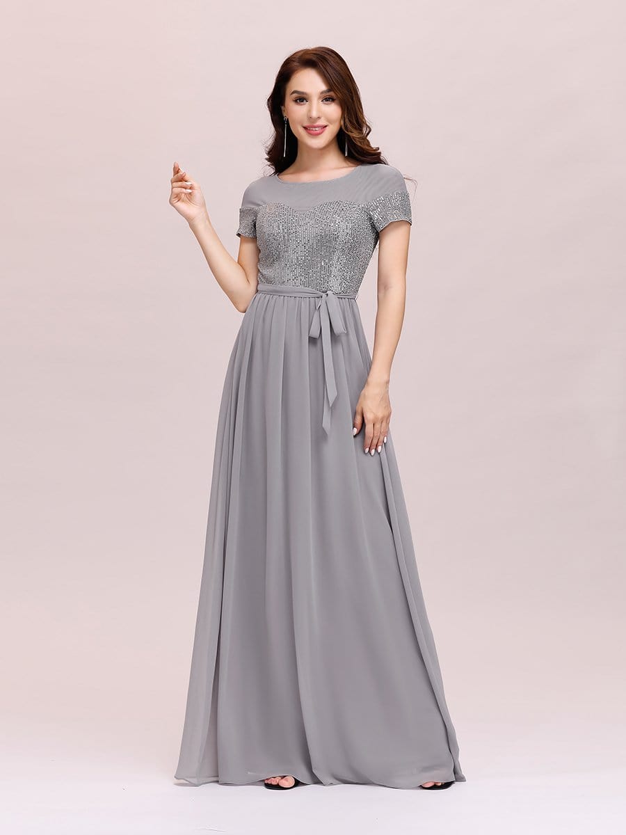Color=Grey | Round Neck Short Sleeve Chiffon & Sequin Evening Dresses With Belt-Grey 1
