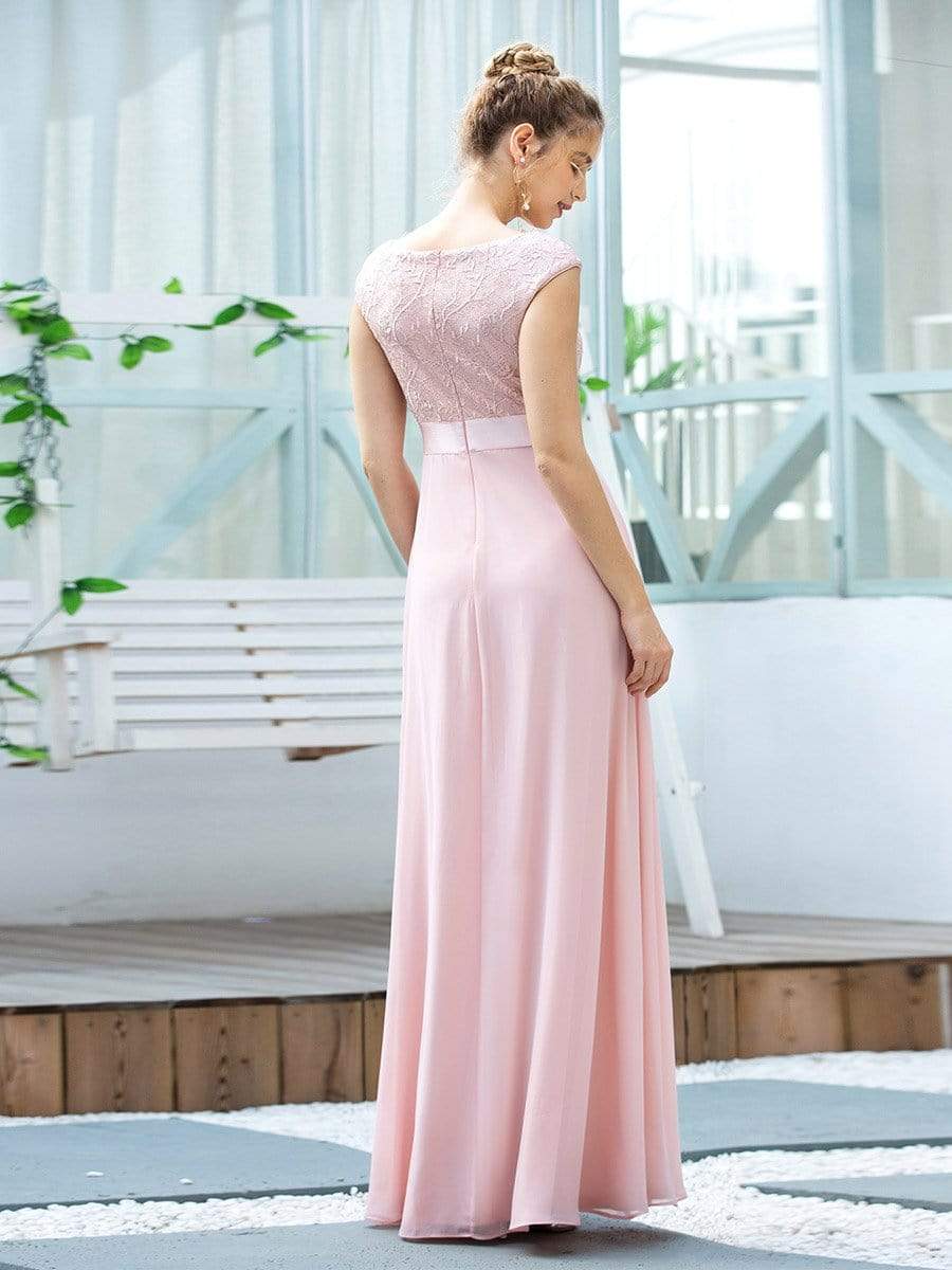 Color=Pink | Women'S Cute A-Line V Neck Embroidered Chiffon Bridesmaid Dress-Pink 2