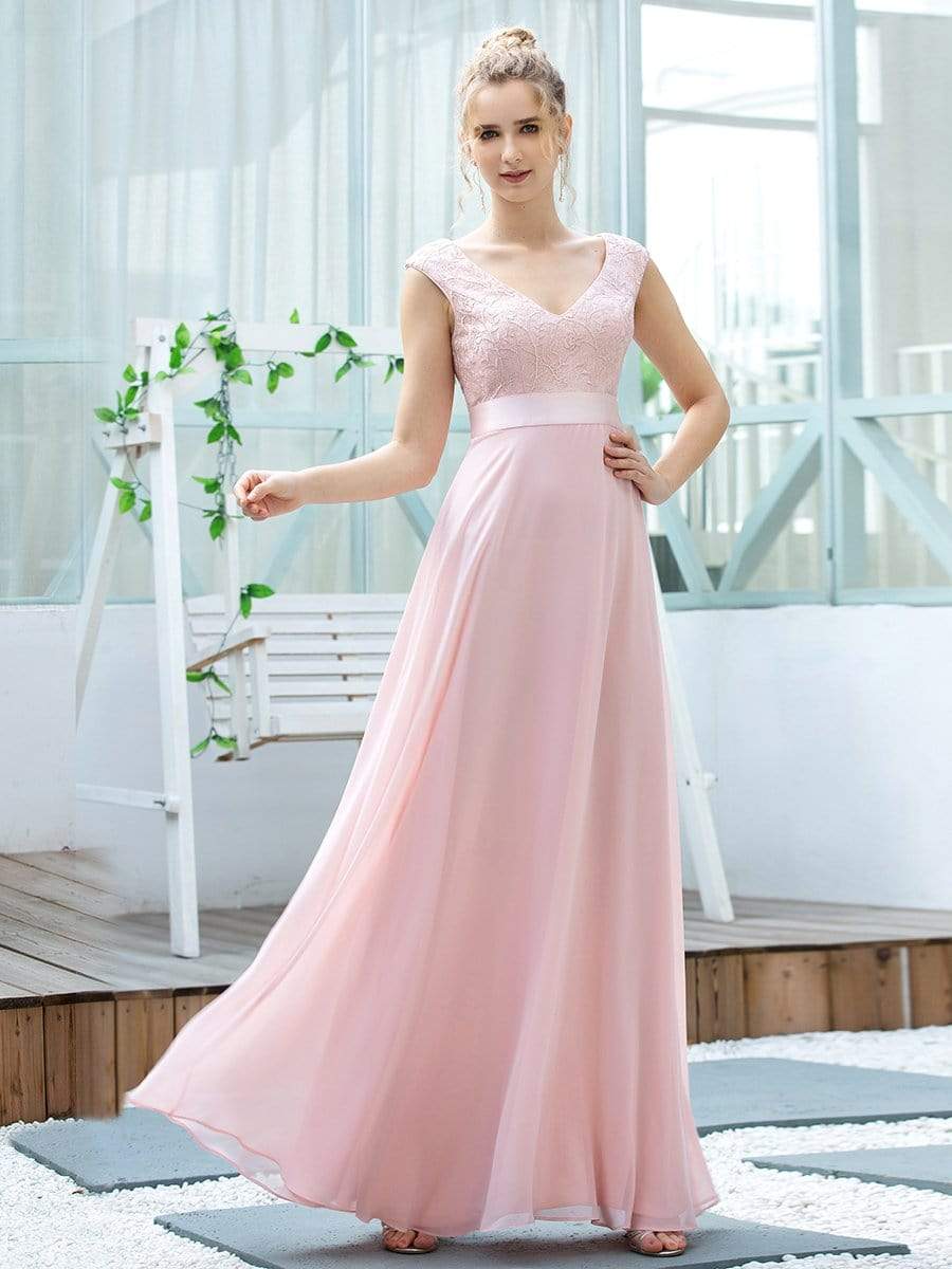 Color=Pink | Women'S Cute A-Line V Neck Embroidered Chiffon Bridesmaid Dress-Pink 3