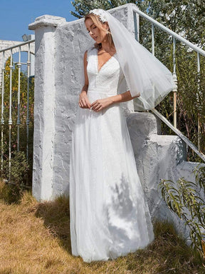 Color=Cream | Women'S Simple V Neck Tulle Wedding Dress With Lace-Cream 7