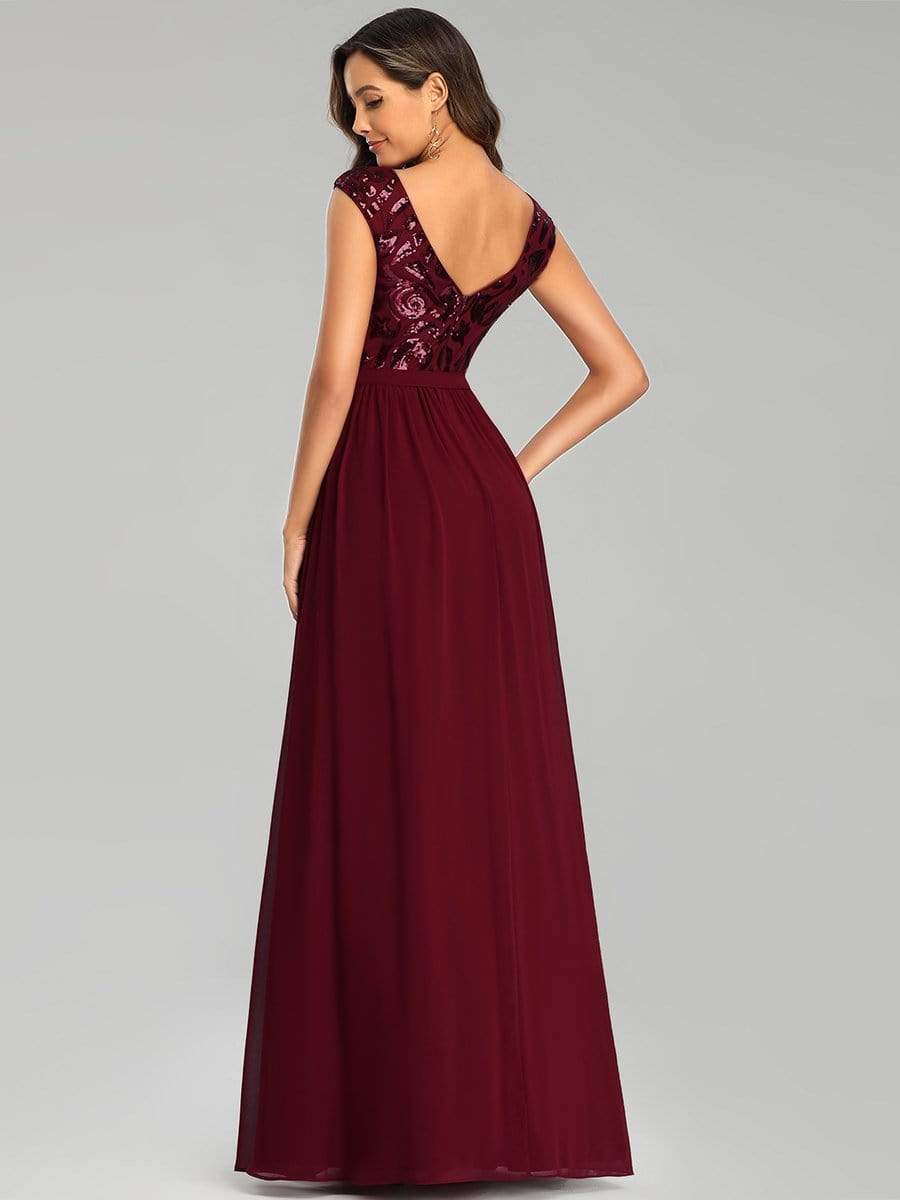 Color=Burgundy | Elegant Long Sequin And Chiffon Bridesmaid Dresses With Belt For Wedding-Burgundy 2