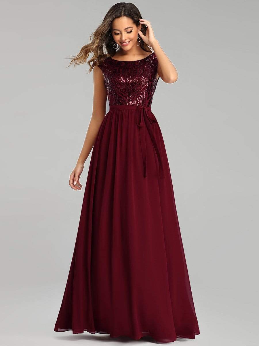 Color=Burgundy | Elegant Long Sequin And Chiffon Bridesmaid Dresses With Belt For Wedding-Burgundy 4
