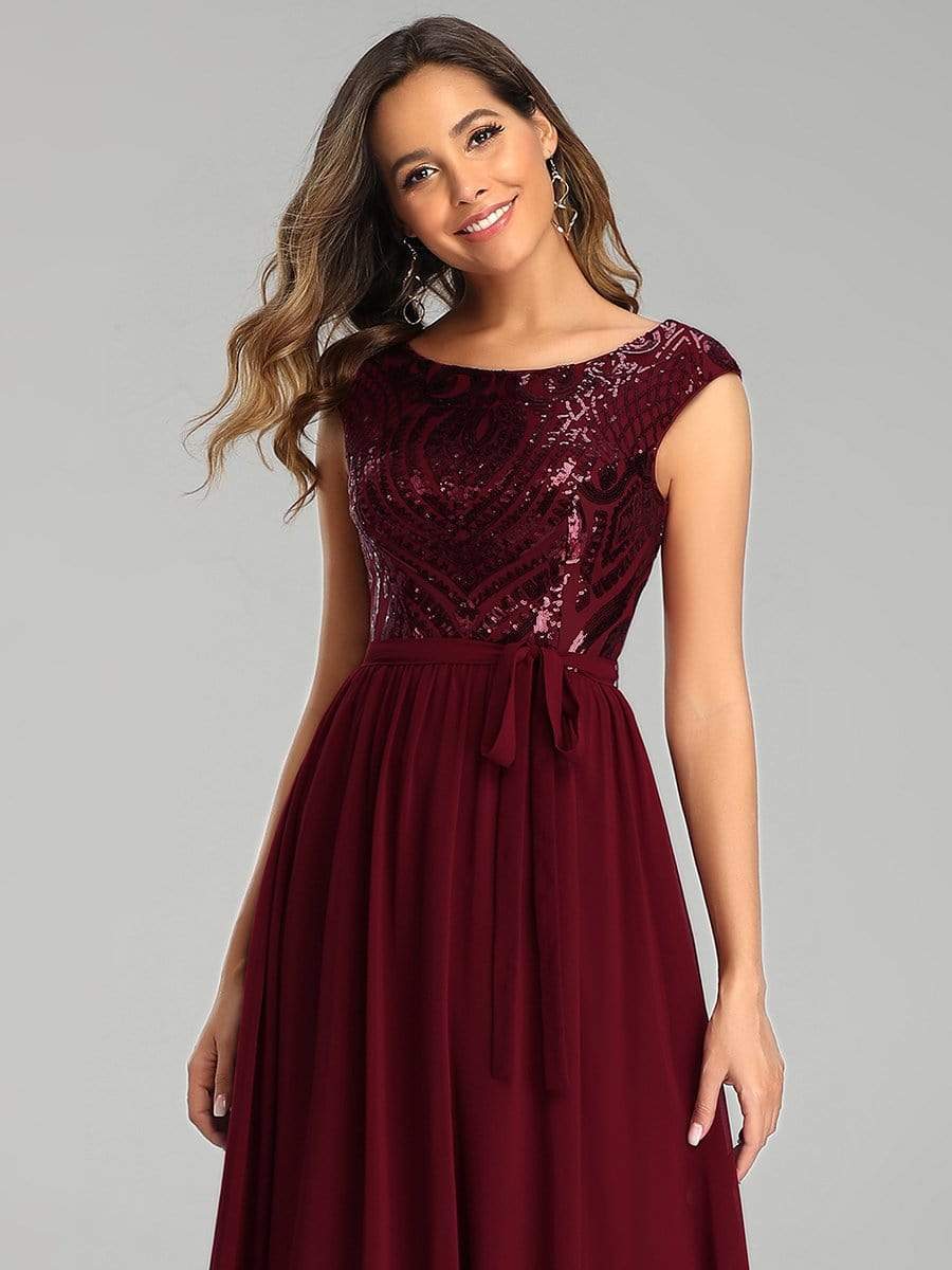 Color=Burgundy | Elegant Long Sequin And Chiffon Bridesmaid Dresses With Belt For Wedding-Burgundy 5