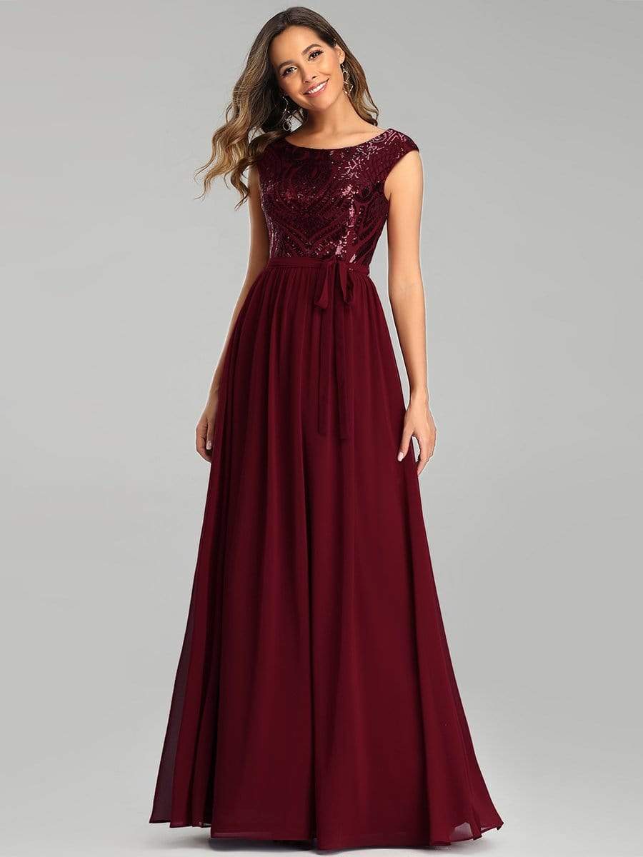 Color=Burgundy | Elegant Long Sequin And Chiffon Bridesmaid Dresses With Belt For Wedding-Burgundy 1