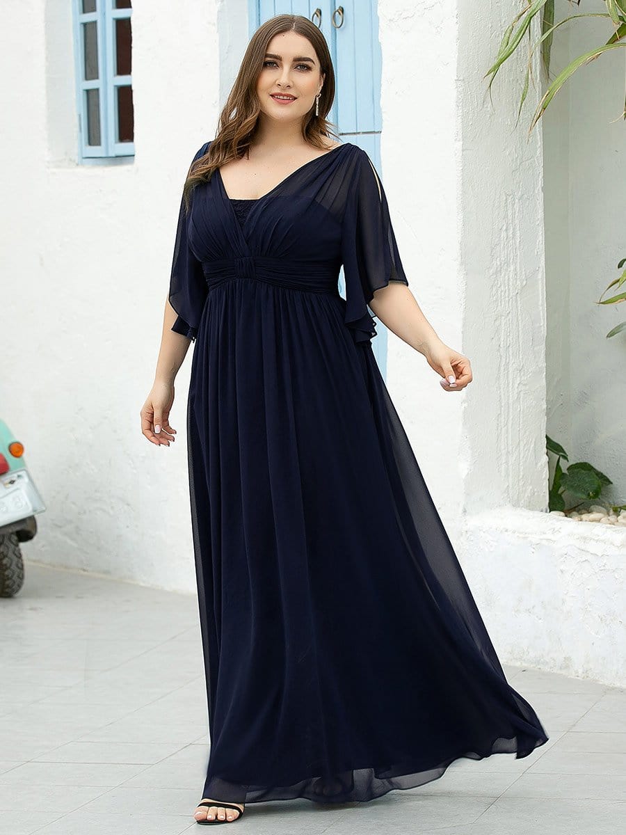 Color=Navy Blue | Women'S Plus Size V Neck Flattering Long Evening Dresses-Navy Blue 3