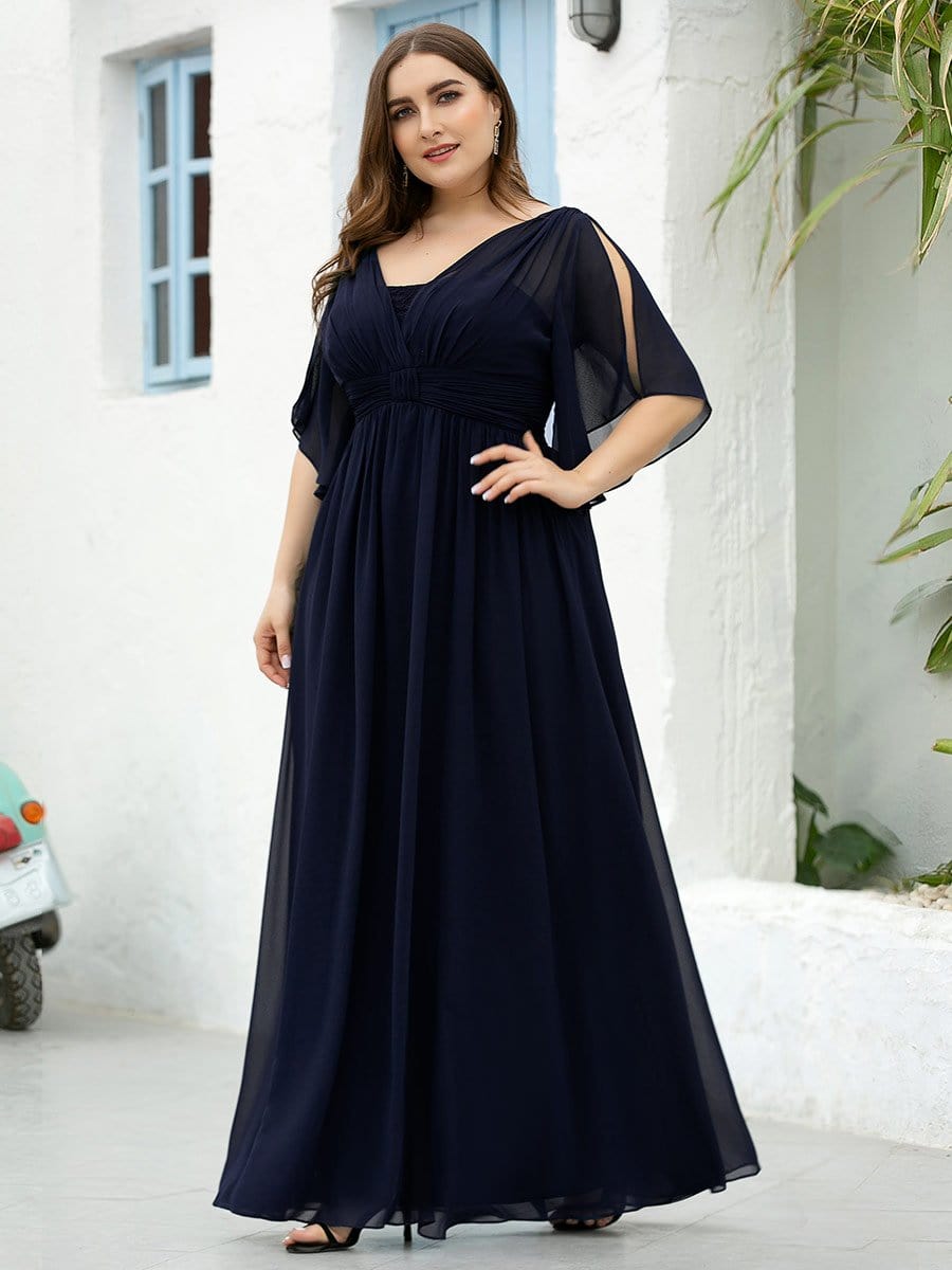 Color=Navy Blue | Women'S Plus Size V Neck Flattering Long Evening Dresses-Navy Blue 4