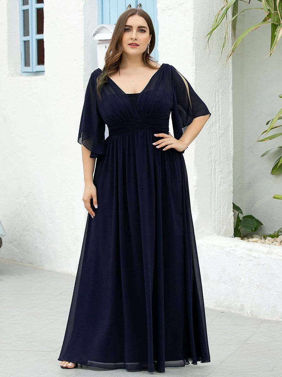 Color=Navy Blue | Women'S Plus Size V Neck Flattering Long Evening Dresses-Navy Blue 1