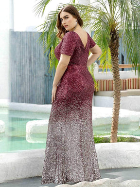 Color=Burgundy | Sexy V Neck Mermaid Sequin Evening Dress With Short Sleeve-Burgundy 7