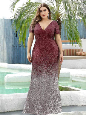 Color=Burgundy | Sexy V Neck Mermaid Sequin Evening Dress With Short Sleeve-Burgundy 8