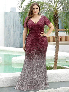 Color=Burgundy | Sexy V Neck Mermaid Sequin Evening Dress With Short Sleeve-Burgundy 4