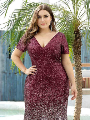 Color=Burgundy | Sexy V Neck Mermaid Sequin Evening Dress With Short Sleeve-Burgundy 10