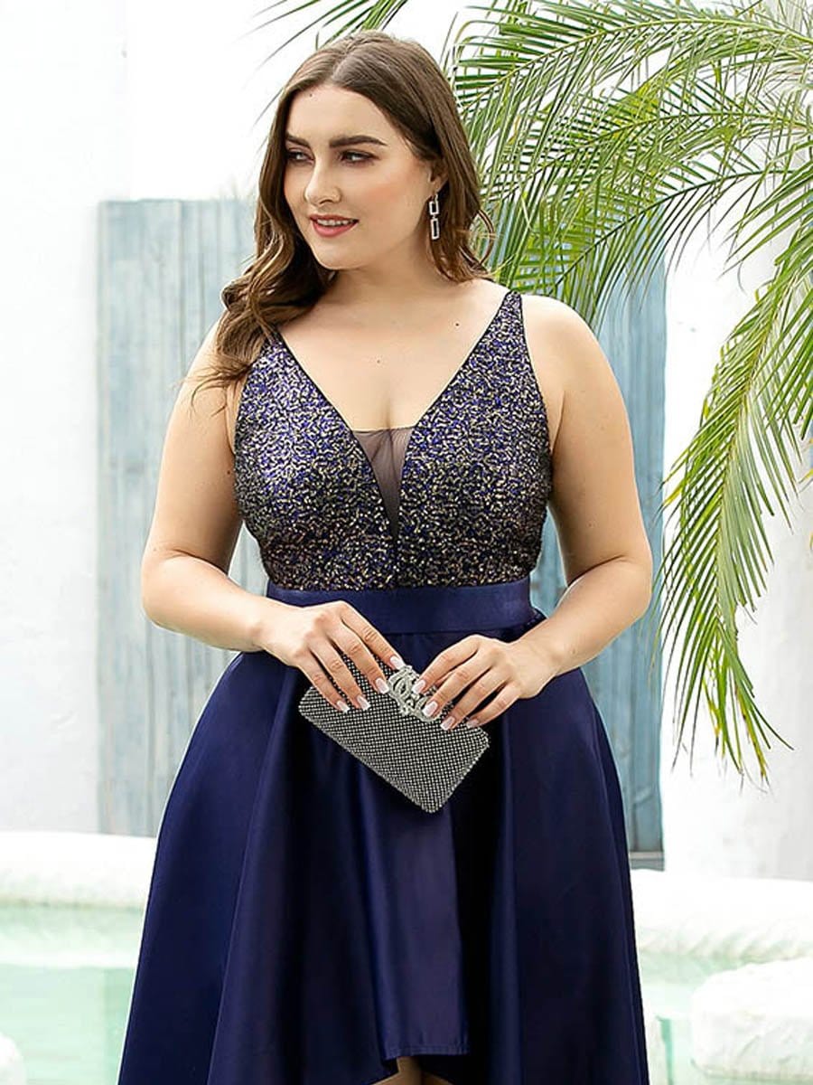 Color=Navy Blue | Sparkly Plus Size Prom Dresses For Women With Irregular Hem-Navy Blue 5
