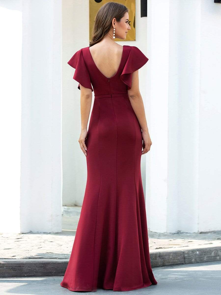Color=Burgundy | Elegant V-Neck Flutter Sleeves Bodycon Mermaid Evening Dress-Burgundy 2